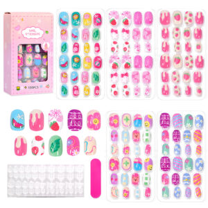 120Pcs Press on Nails for Girls, Full Cover Fake Nail Tips Kit Pre Glue Short Stick on Nails for Children Little Girls Nail Art Decoration