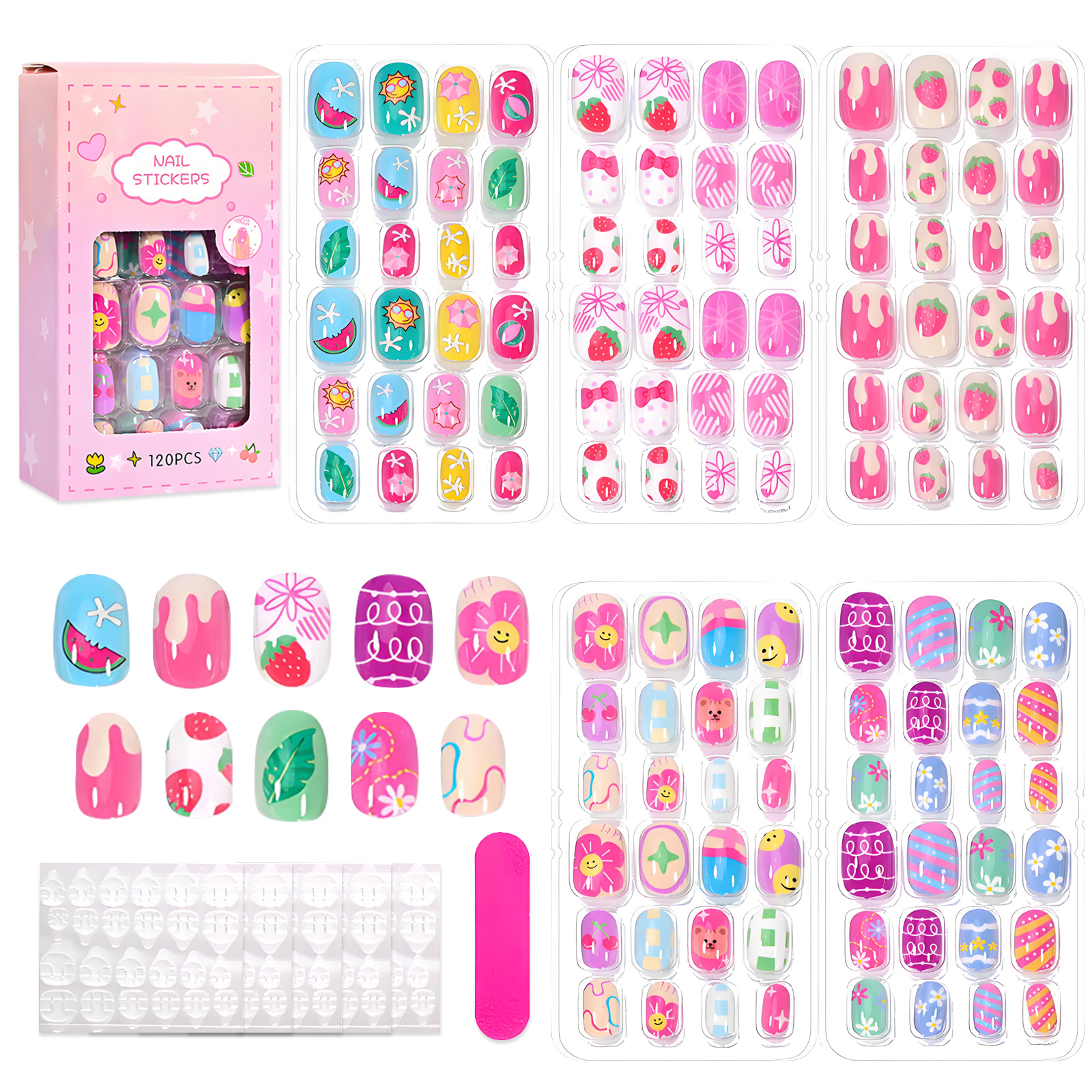 120Pcs Press on Nails for Girls, Full Cover Fake Nail Tips Kit Pre Glue Short Stick on Nails for Children Little Girls Nail Art Decoration